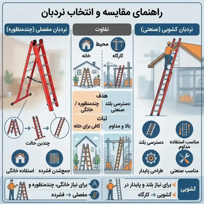 اینفوگرافیک مقایسه بین نردبان مفصلی و کشویی مزایا و کاربردها
