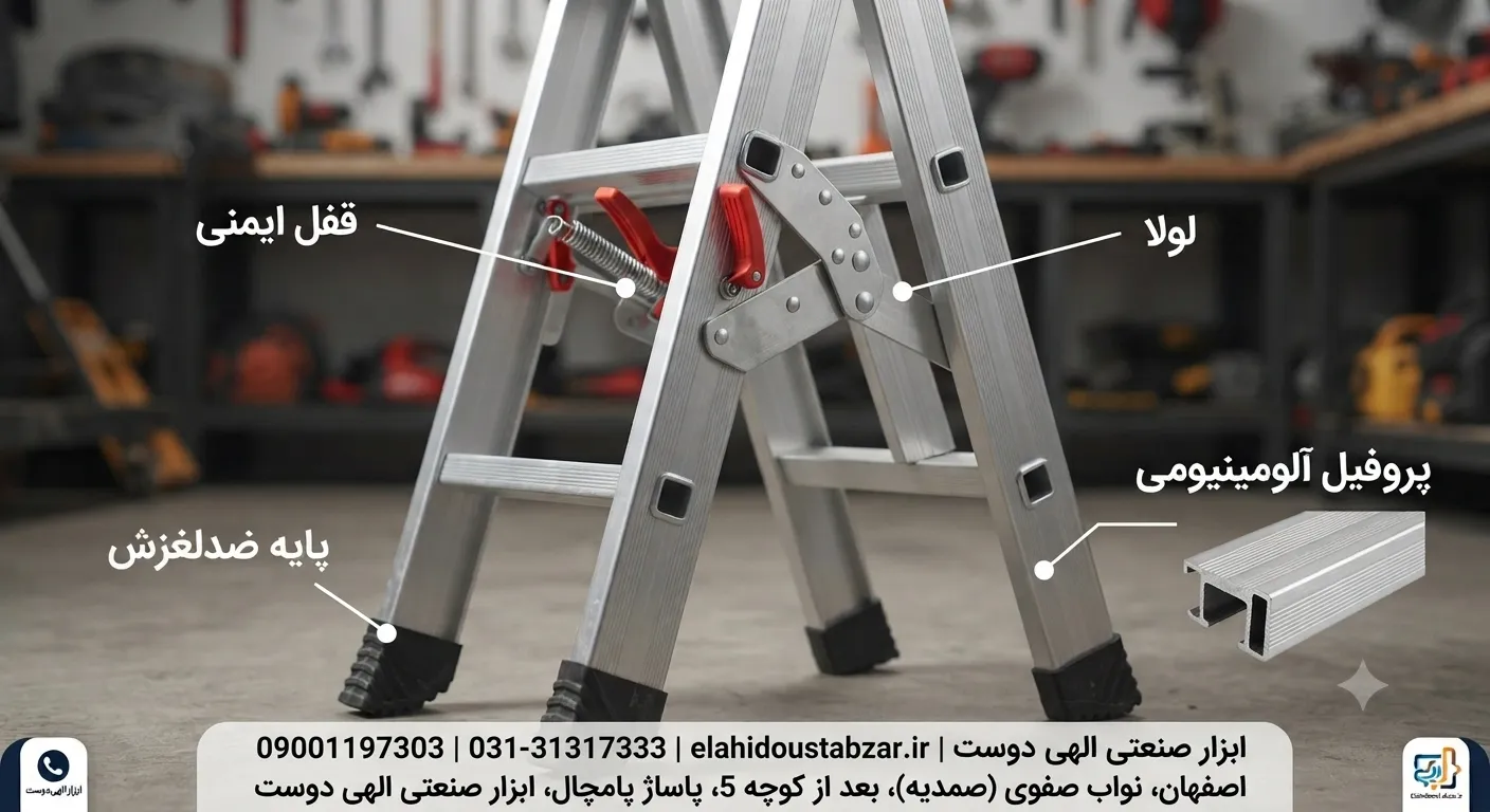 ویژگیهای نردبان تاشو آلومینیومی شامل قفل ایمنی، پایه ضدلغزش و پروفیل مقاوم