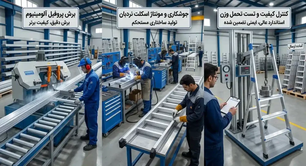 اینفوگرافیک برش پروفیل،جوشکاری و مونتاژ و کنترل کیفیک نردبان در خط تولید الهی دوست
