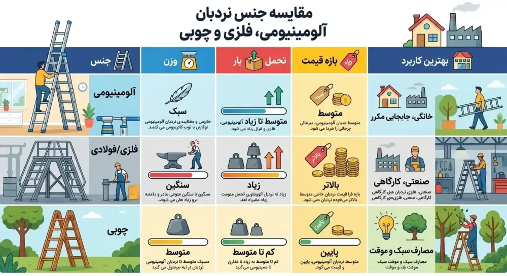 «مقایسه جنس نردبان آلومینیومی، فلزی و چوبی»
