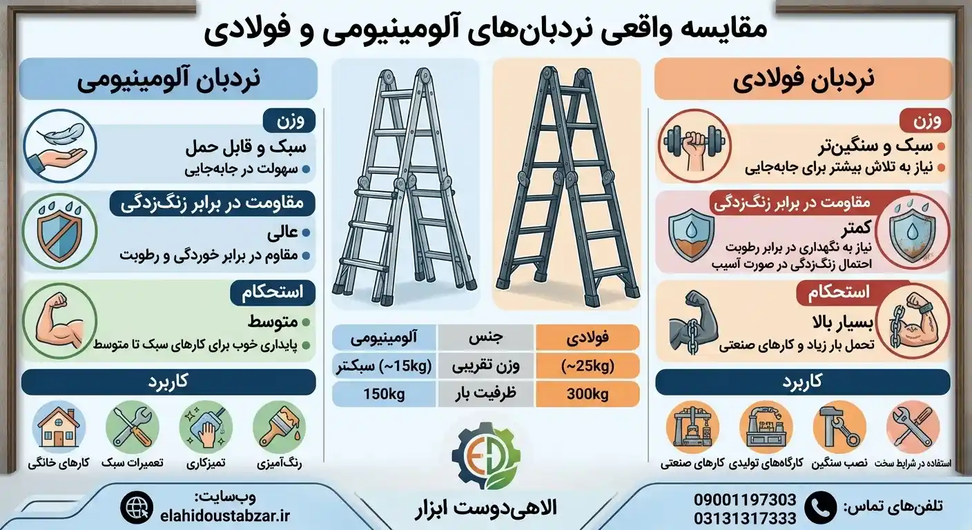 مقایسه نردبان تاشو آلومینیومی و فولادی از نظر وزن، استحکام و کاربرد