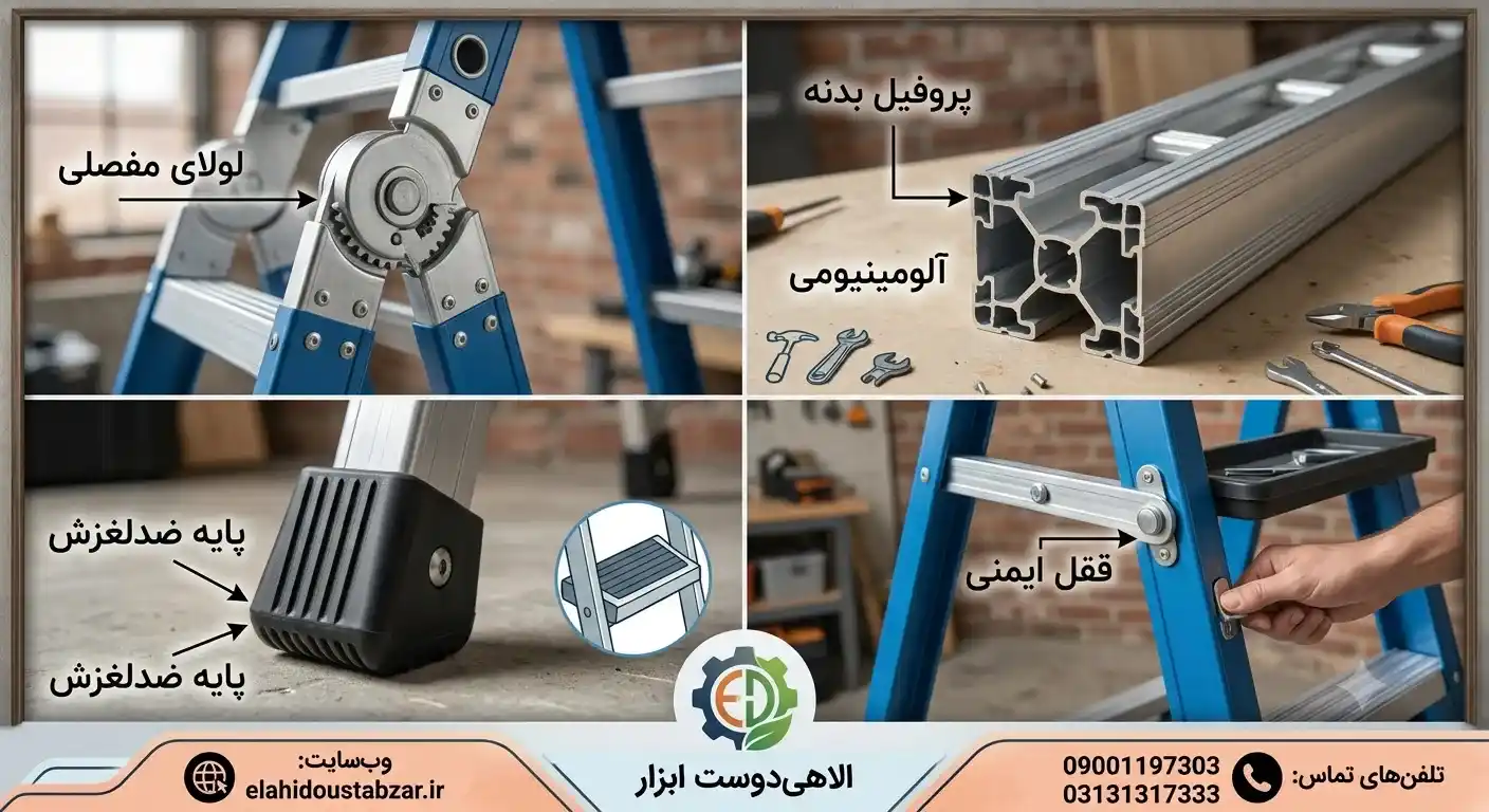 نکات مهم هنگام خرید نردبان تاشو شامل لولا، پروفیل، قفل ایمنی و پایه ضدلغزش