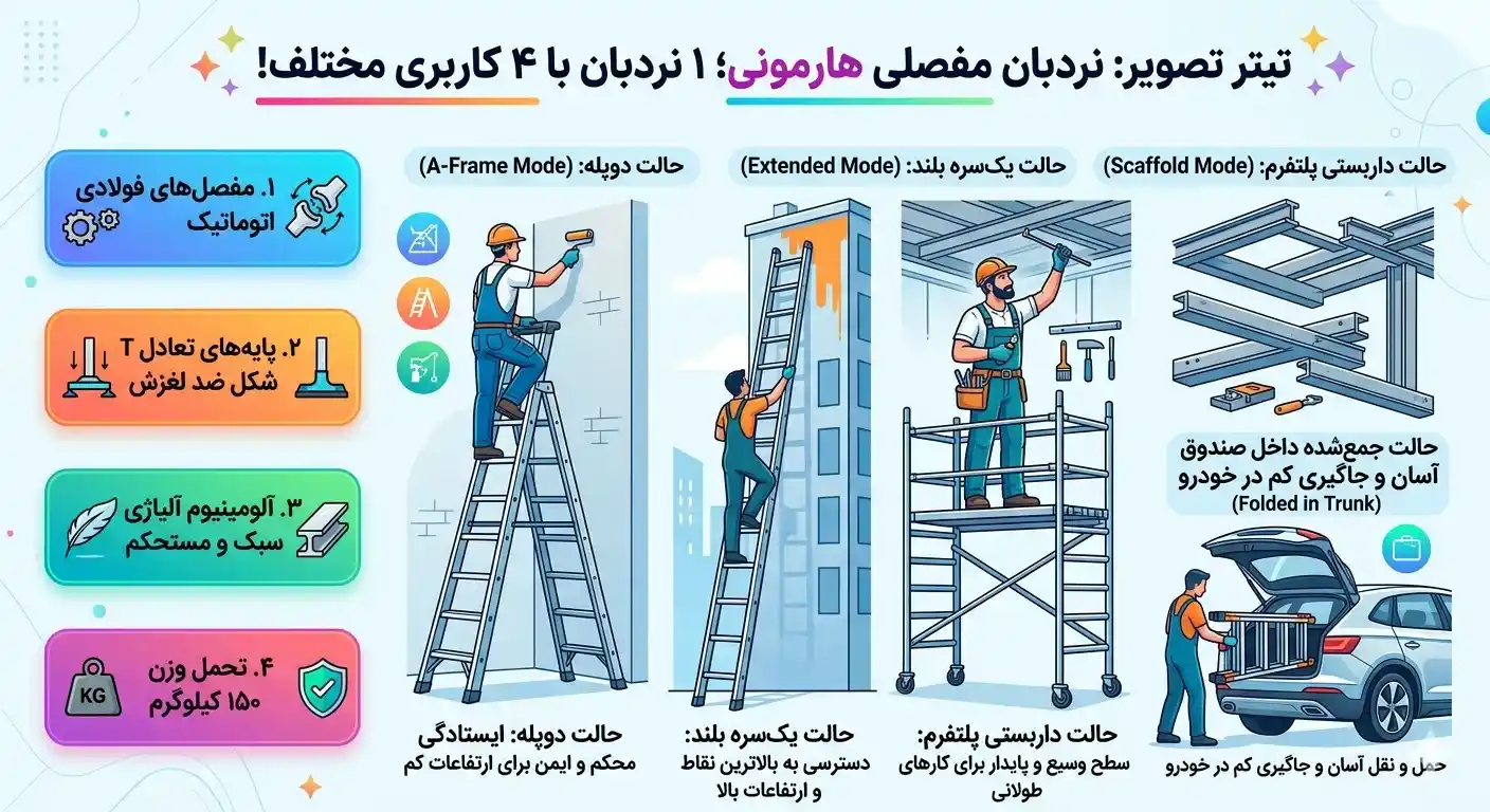 اینفوگرافیک معرفی نردبان ۴ کاره هارمونی در حالت‌های دوپله، یک‌سره بلند، داربستی و جمع‌شده در صندوق عقب ماشین