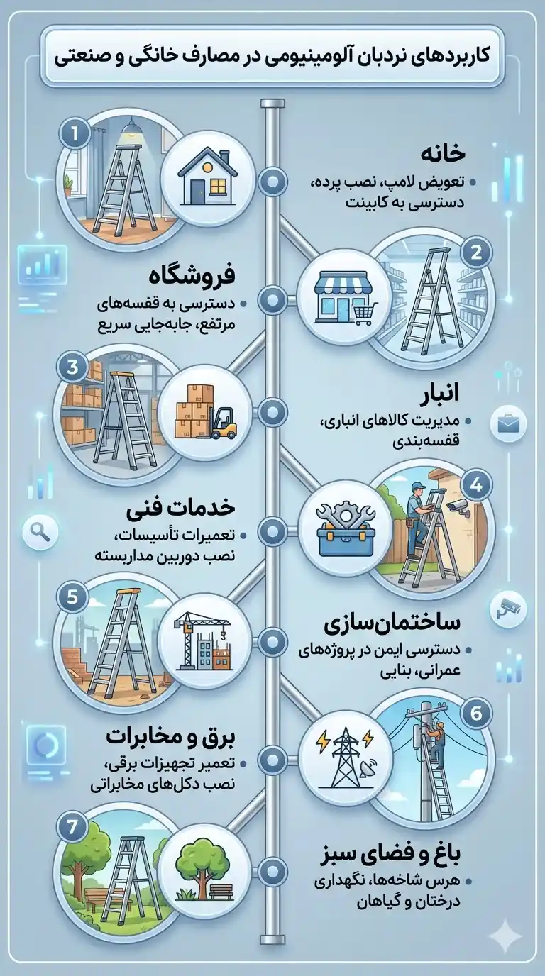 اینفوگرافیک کاربردهای نردبان آلومینیومی در مصارف خانگی و صنعتی