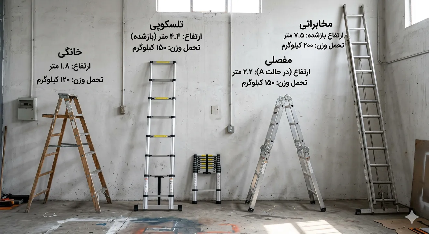 قیمت انواع نردبان خانگی صنعتی تلسکوپی و مخابراتی
