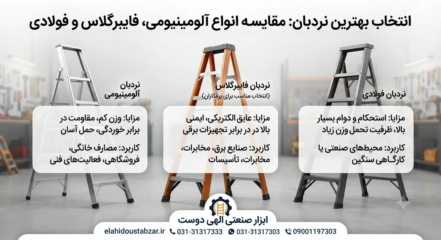 مقایسه نردبان آلومینیومی، فایبرگلاس و فولادی