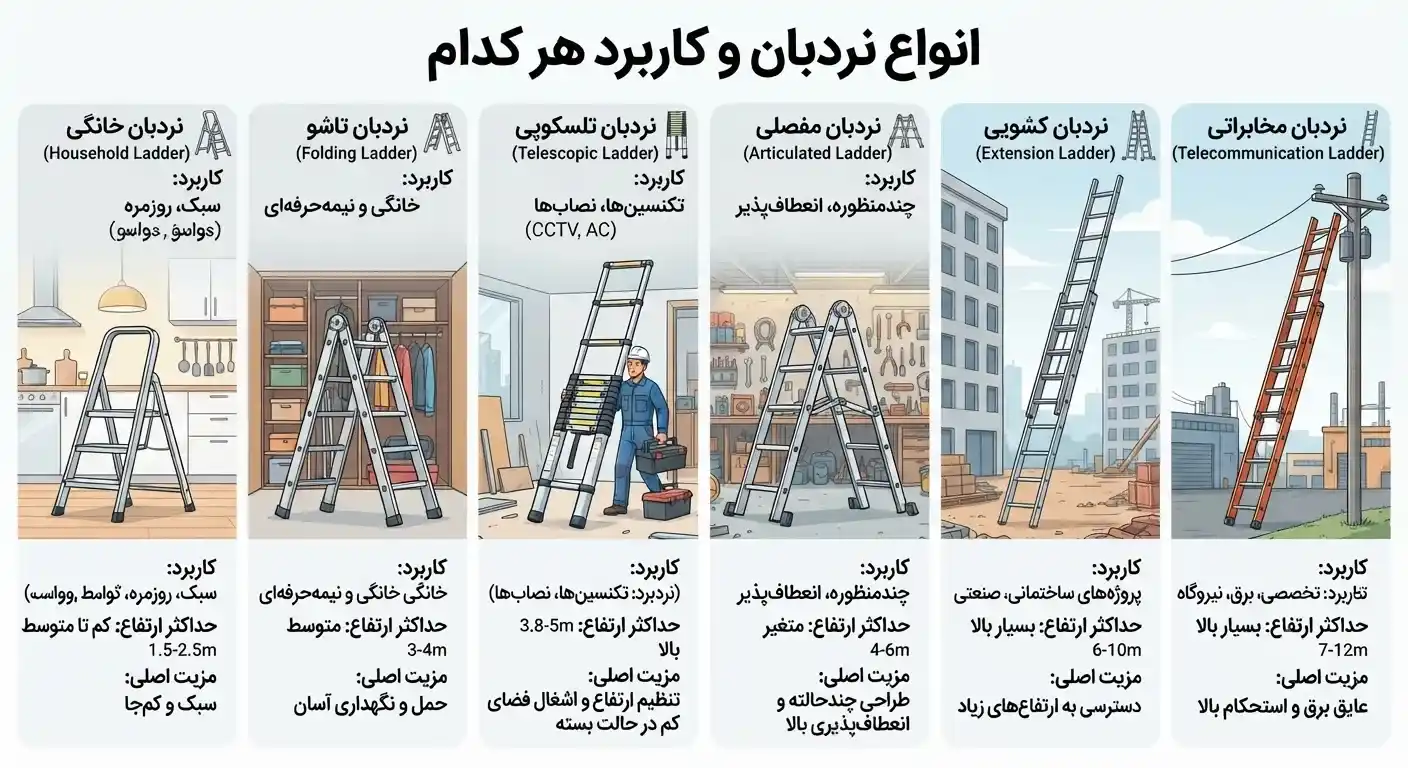مقایسه انواع نردبان خانگی، تاشو، تلسکوپی، مفصلی، کشویی و مخابراتی