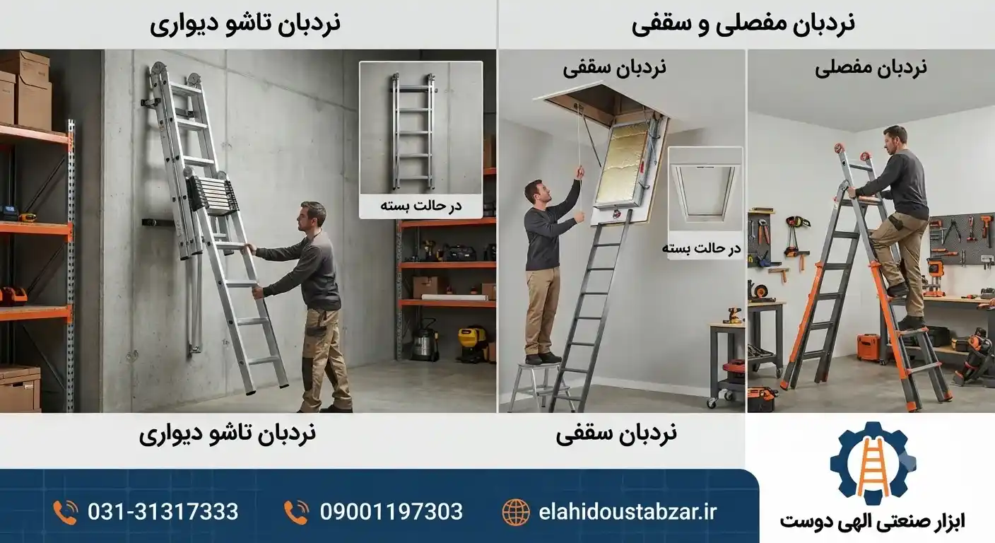 مقایسه نردبان تاشو دیواری با نردبان مفصلی و سقفی